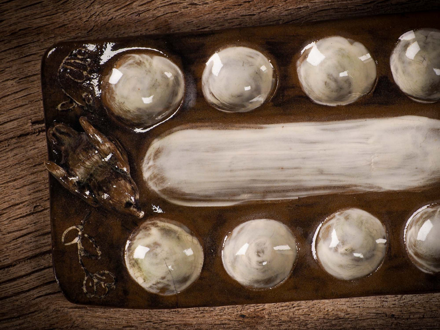 An original handmade ceramic artist paint color palette by Idania Salcido, Danita Art. A unique work of art designed and hand built Idania Salcido. A beautiful handmade touch to any artist's studio with handmade glazed ceramic good for watercolors acrylics inks and oil paints. Clean with water or mineral spirits.