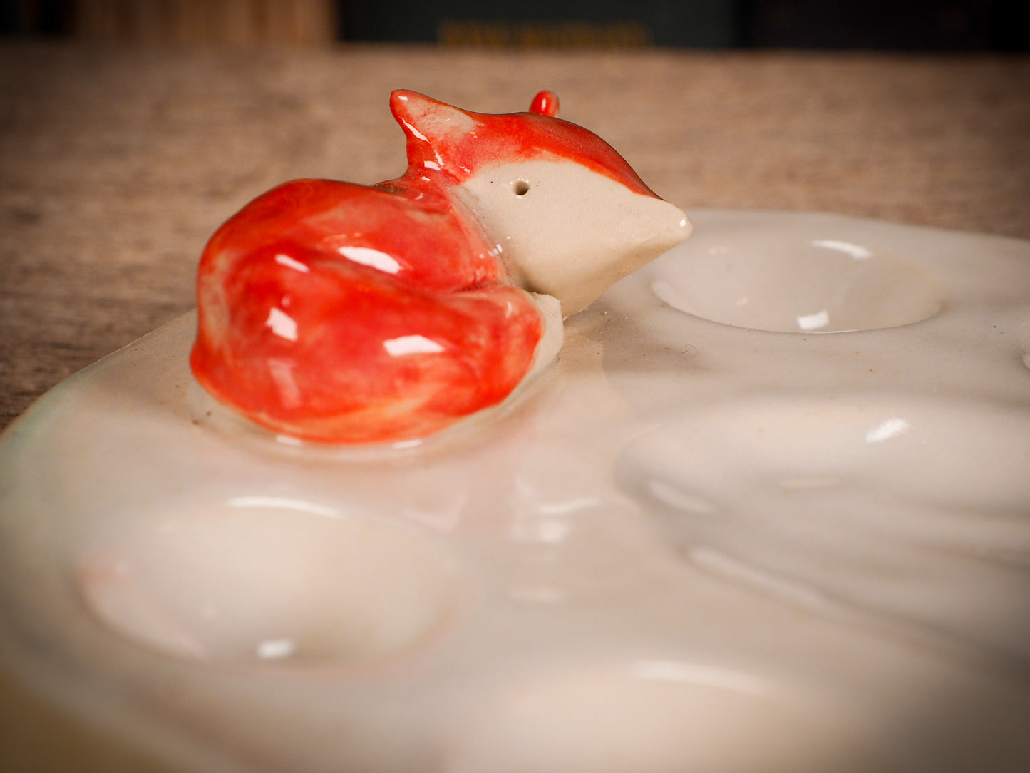 Original handmade ceramic artist paint color palettes by Idania Salcido, Danita Art. A unique work of ceramic art designed and hand built Idania Salcido. A beautiful handmade touch to any artist's studio with handmade glazed ceramic good for watercolors acrylics inks and oil paints. Clean with water or mineral spirits.