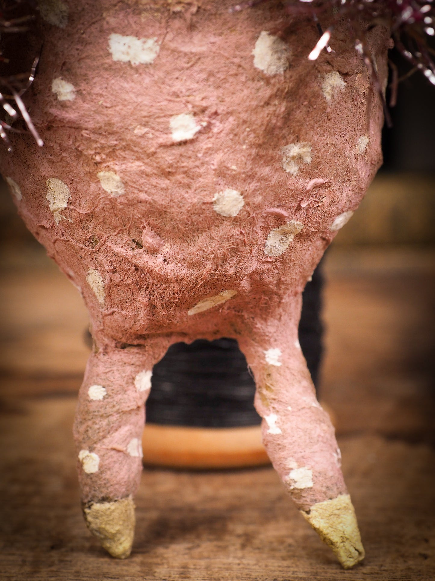 Adorable handmade spun cotton Art Doll Christmas tree ornament by Idania Salcido, the artist by Danita Art. Hand painted by the artist holiday figurine with paper hat with tinsel and vintage style garlands and a tiny Christmas tree. Hang this handmade ornament from your Christmas tree or use as Holiday decoration.