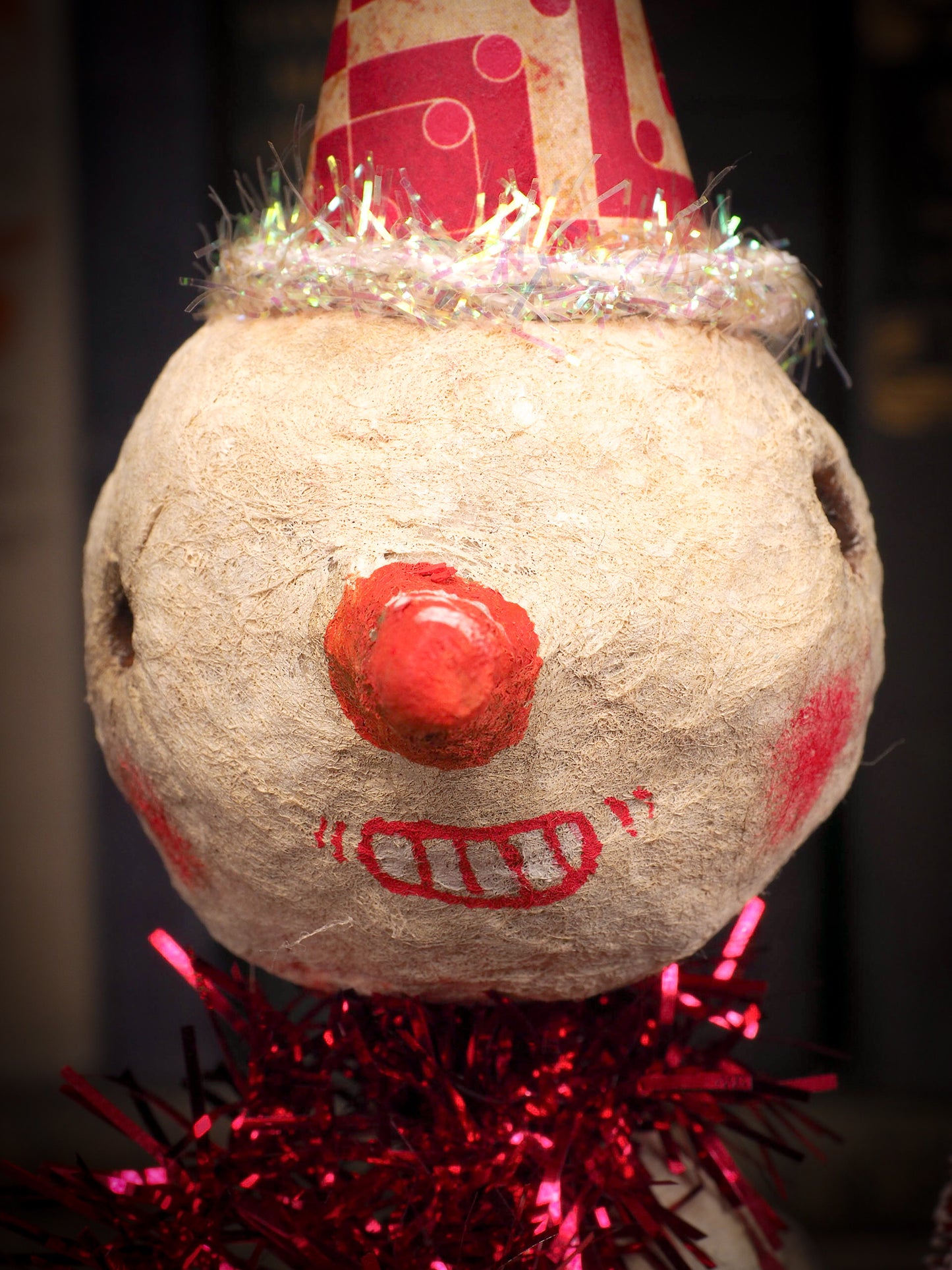 Adorable handmade spun cotton Art Doll Christmas tree ornament by Idania Salcido, the artist by Danita Art. Hand painted by the artist holiday figurine with paper hat with tinsel and vintage style garlands and a tiny Christmas tree. Hang this handmade ornament from your Christmas tree or use as Holiday decoration.