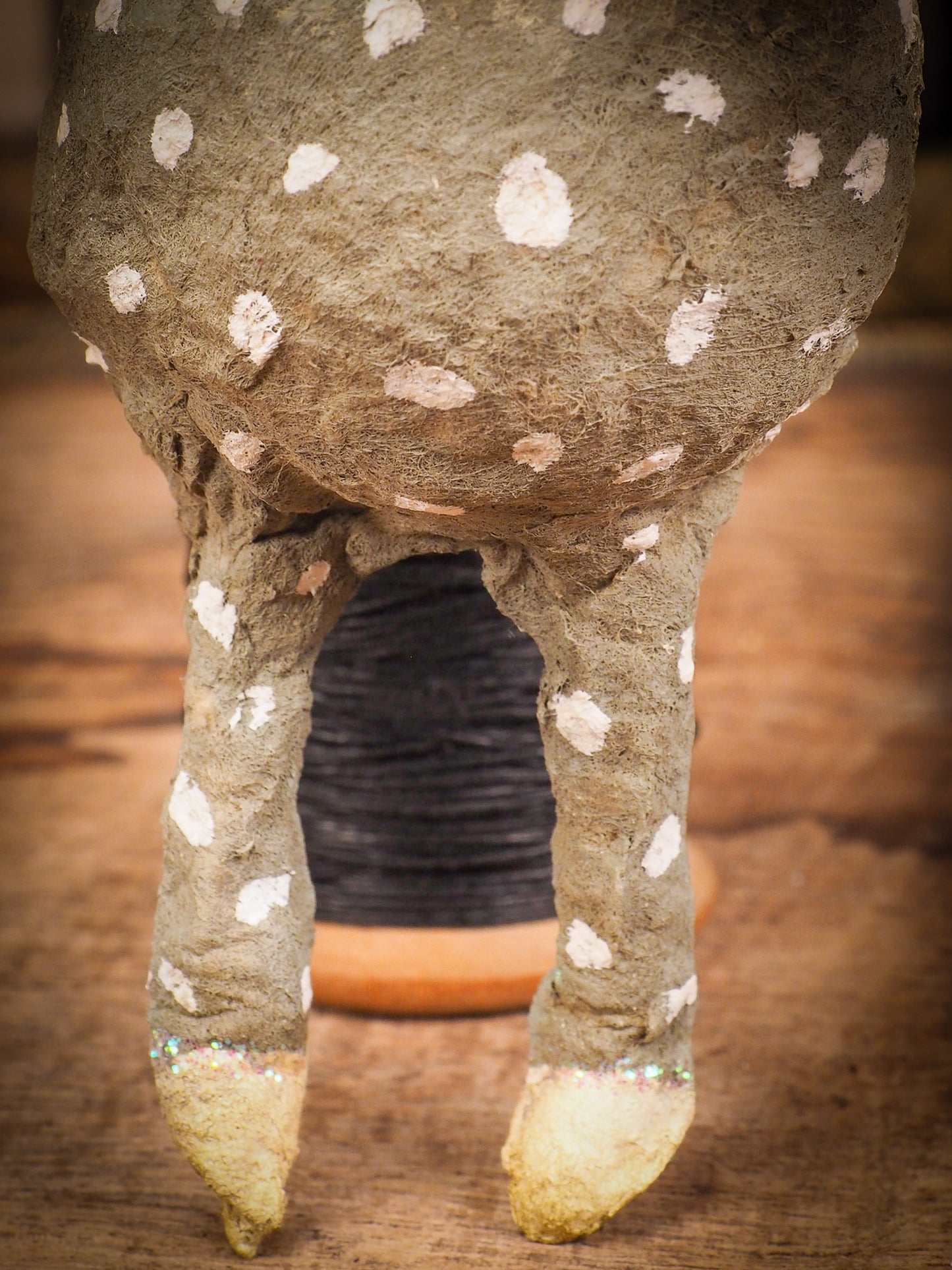 Adorable handmade spun cotton Art Doll Christmas tree ornament by Idania Salcido, the artist by Danita Art. Hand painted by the artist holiday figurine with paper hat with tinsel and vintage style garlands and a tiny Christmas tree. Hang this handmade ornament from your Christmas tree or use as Holiday decoration.