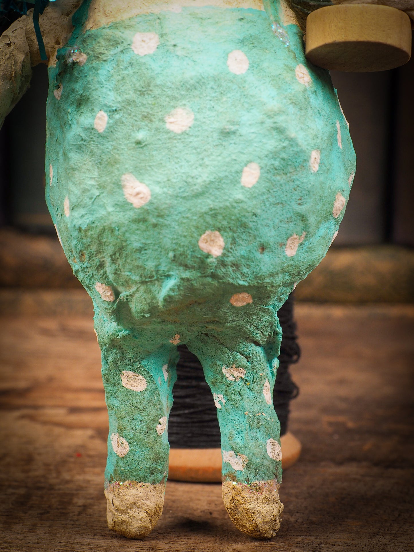 Adorable handmade spun cotton Art Doll Christmas tree ornament by Idania Salcido, the artist by Danita Art. Hand painted by the artist holiday figurine with paper hat with tinsel and vintage style garlands and a tiny Christmas tree. Hang this handmade ornament from your Christmas tree or use as Holiday decoration.