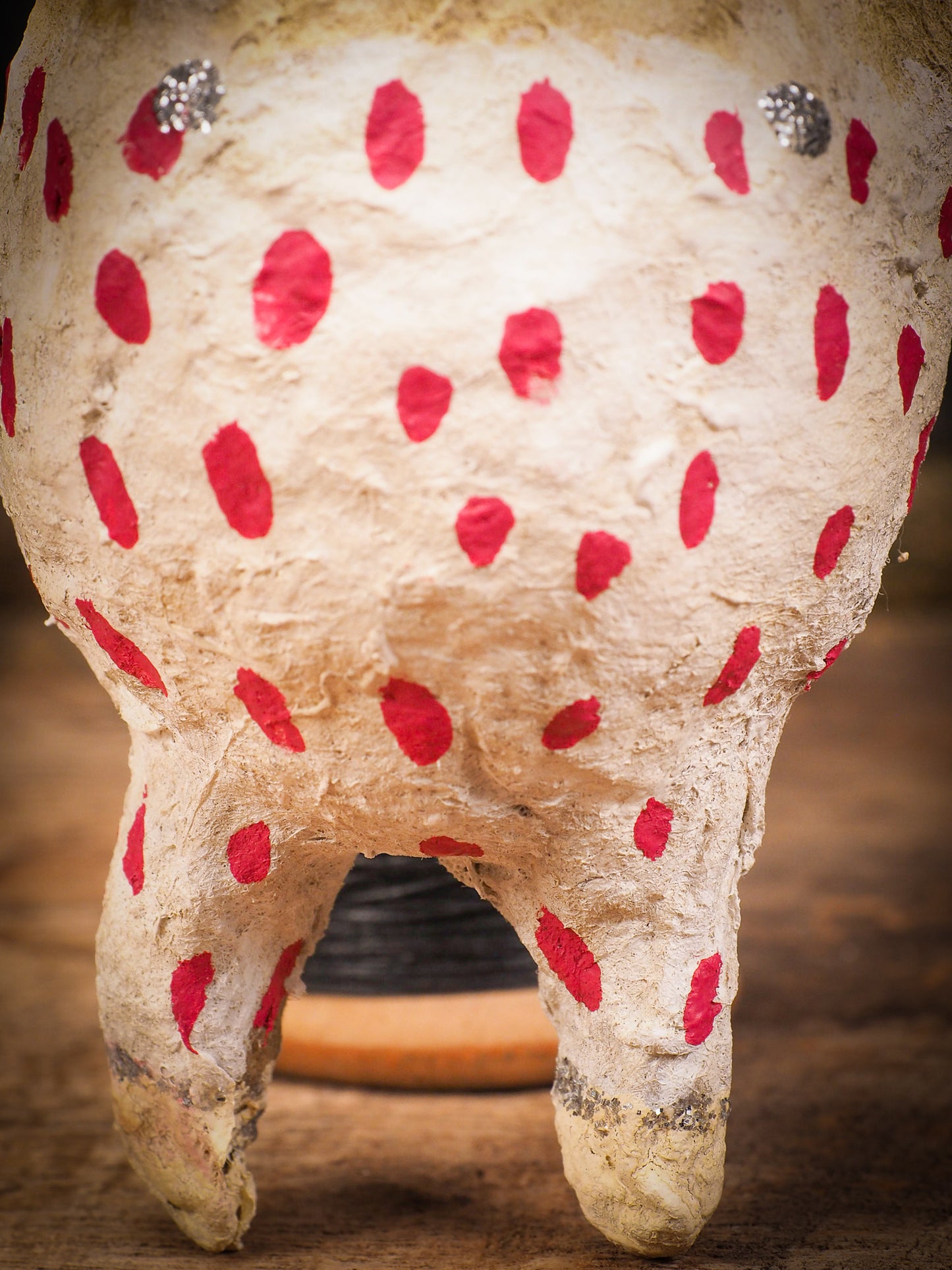 Adorable handmade spun cotton Art Doll Christmas tree ornament by Idania Salcido, the artist by Danita Art. Hand painted by the artist holiday figurine with paper hat with tinsel and vintage style garlands and a tiny Christmas tree. Hang this handmade ornament from your Christmas tree or use as Holiday decoration.