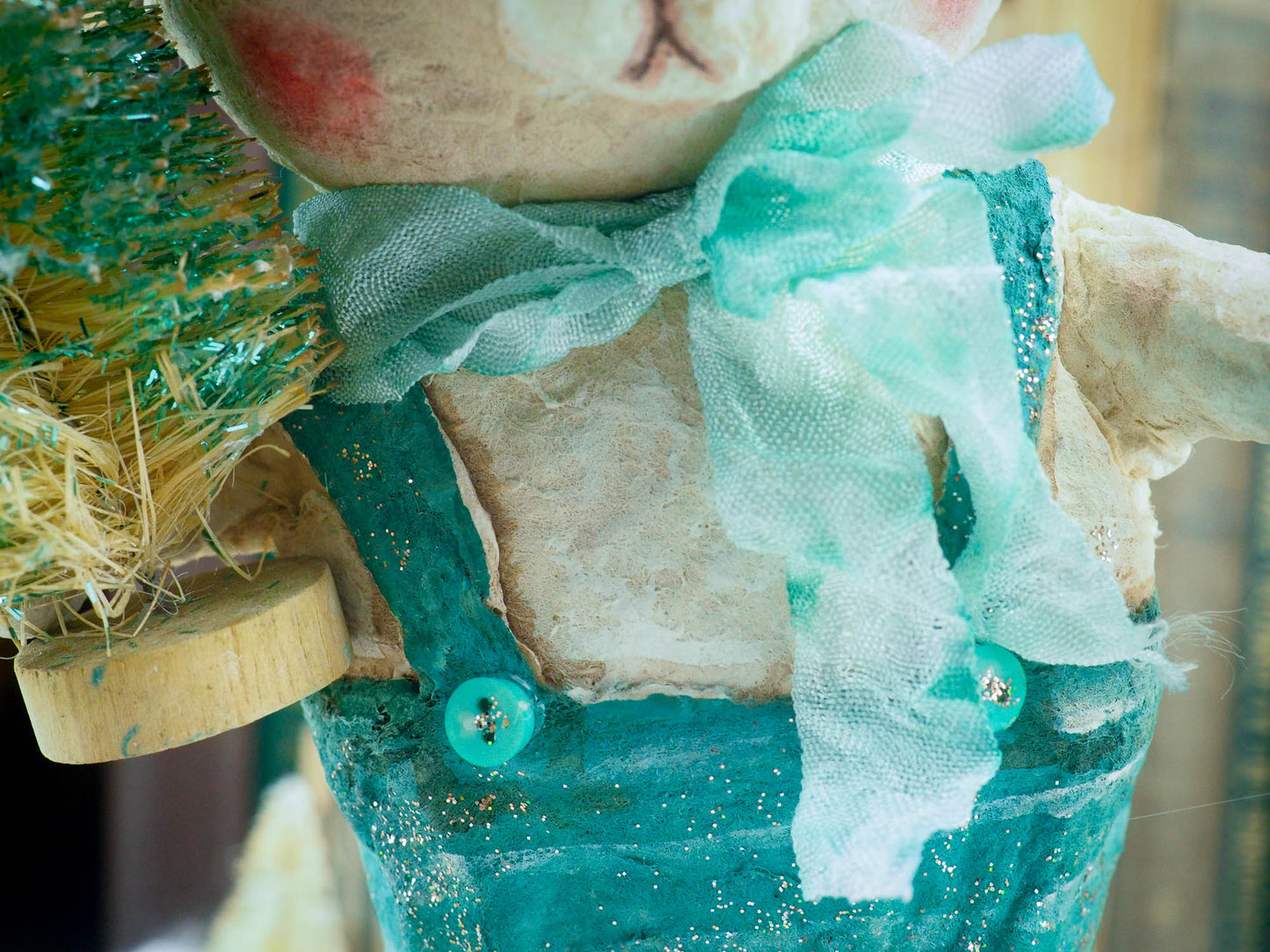 Original artwork by Danita. Spun cotton Christmas tree handmade ornament, original one of a kind decor, home decoration with a Folk Art touch nice Holiday decor