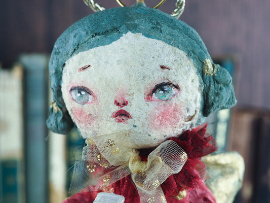 Christmas tree angel topper. On top of your tree and make Holiday family memories with handmade ornament art doll by Danita. spun cotton, handmade folk art toy