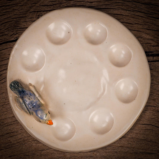 Original handmade ceramic artist paint color palettes by Idania Salcido, Danita Art. A unique work of ceramic art designed and hand built Idania Salcido. A beautiful handmade touch to any artist's studio with handmade glazed ceramic good for watercolors acrylics inks and oil paints. Clean with water or mineral spirits.