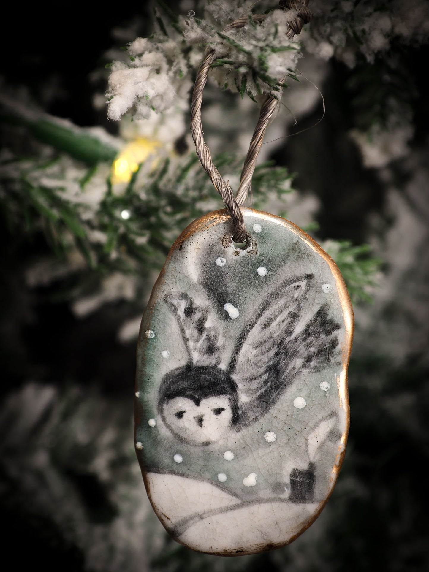 An original Christmas Holiday tree round glazed ceramic ornament handmade by Idania Salcido, the artist behind Danita Art. Glazed carved sgraffito stoneware, hand painted and decorated, it is illustrated by hand with snowmen, Christmas trees, Santa Claus, angels and snow balls and winter themes.