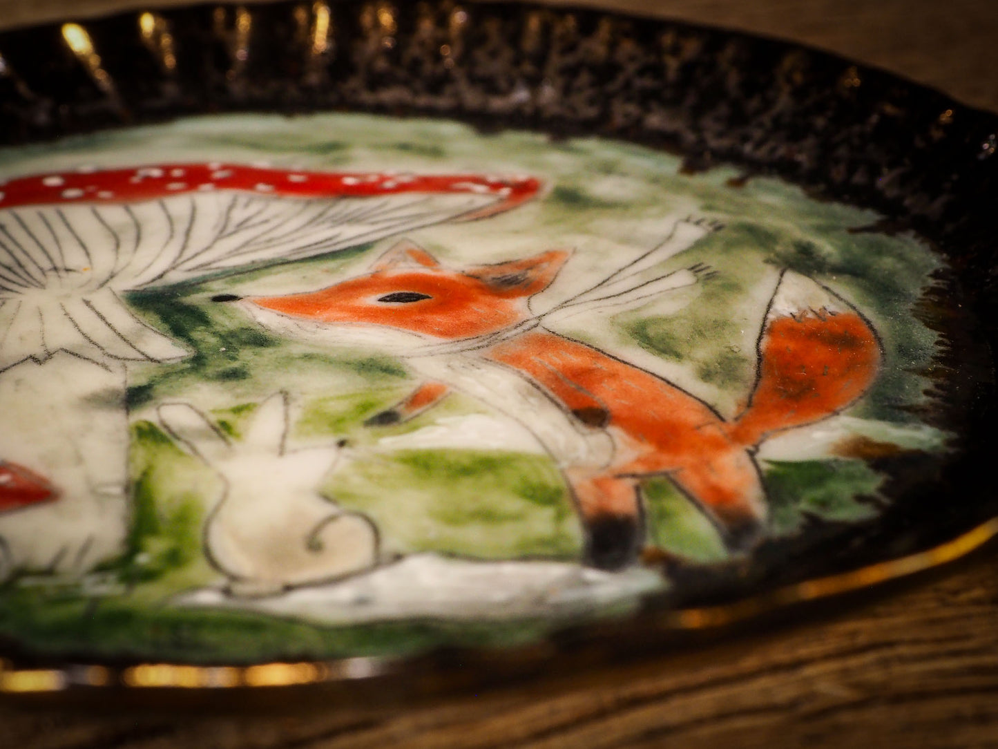 An original Christmas fire glazed ceramic handmade piece by Idania Salcido, the artist behind Danita Art. Glazed, carved sgraffito stoneware, hand painted and decorated, it is illustrated by hand with snowmen, Christmas trees, Santa Claus, angels and snow balls and winter themes.