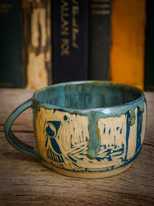 An original Christmas fire glazed ceramic handmade piece by Idania Salcido, the artist behind Danita Art. Glazed, carved sgraffito stoneware, hand painted and decorated, it is illustrated by hand with snowmen, Christmas trees, Santa Claus, angels and snow balls and winter themes.