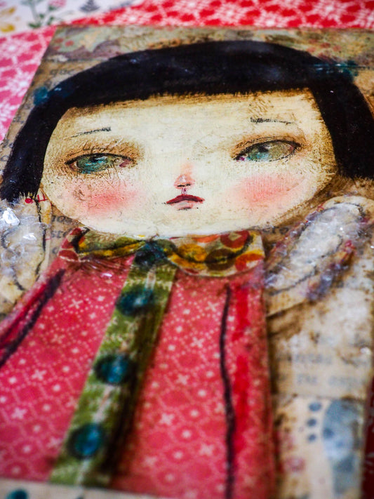 Original mixed media collage Holiday decoration by Danita Art. A beautiful Chritmas tree angel ready to hang as a beautiful addition to your collection of whimsical and surreal original art by Danita.