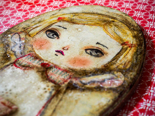 Original mixed media collage Holiday decoration by Danita Art. A beautiful Chritmas tree angel ready to hang as a beautiful addition to your collection of whimsical and surreal original art by Danita.