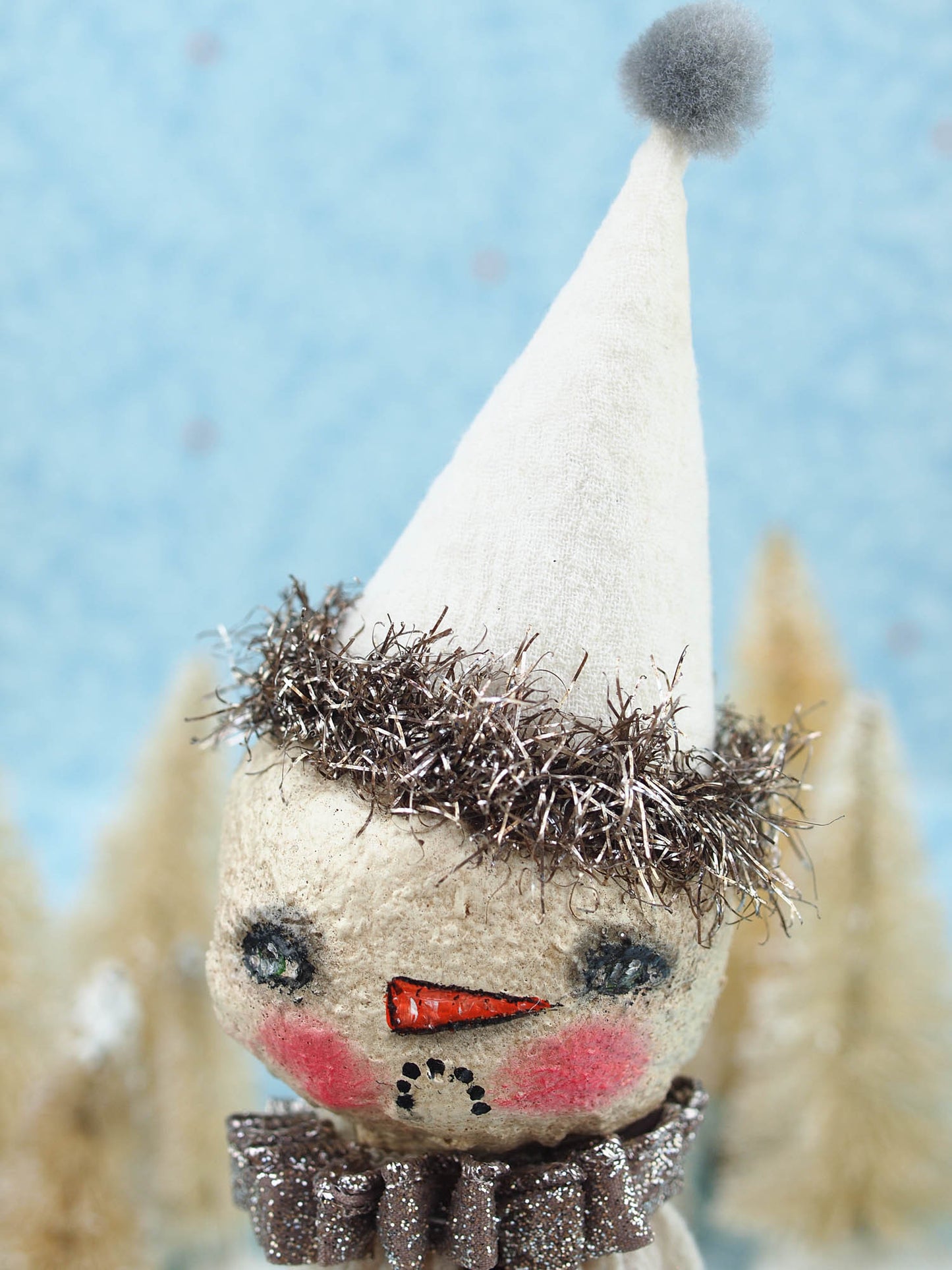 Adorable snowmen created using upcycled plastic dolls with custom made paper clay heads and hand made clothes, made with lots of love by Danita Art.