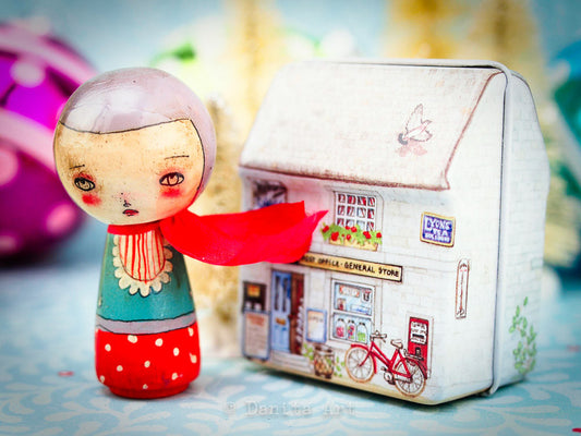 Teal Winter Kokeshi with Tin House, Miniature Dolls by Danita Art