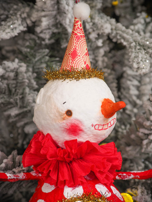 Adorable handmade spun cotton Art Doll Christmas tree ornament by Idania Salcido, the artist by Danita Art. Hand painted by the artist holiday figurine with paper hat with tinsel and vintage style garlands and a tiny Christmas tree. Hang this handmade ornament from your Christmas tree or use as Holiday decoration.