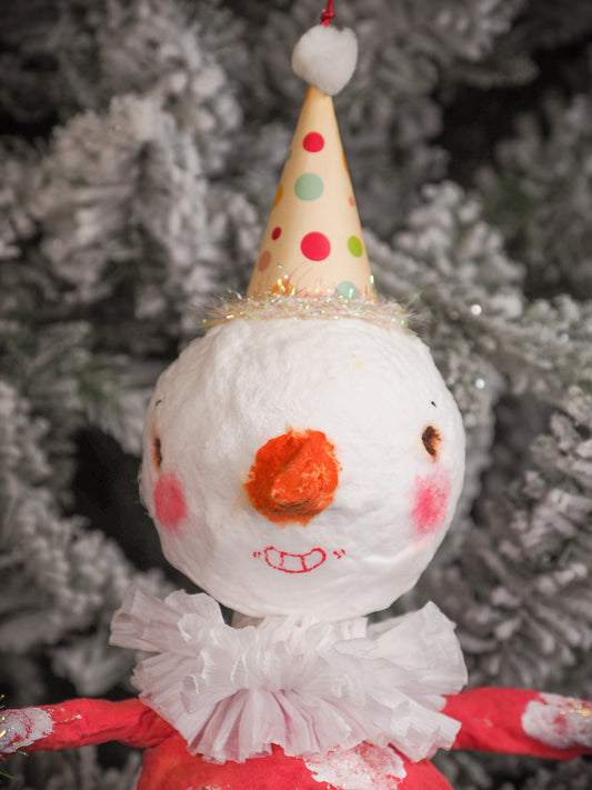 Adorable handmade spun cotton Art Doll Christmas tree ornament by Idania Salcido, the artist by Danita Art. Hand painted by the artist holiday figurine with paper hat with tinsel and vintage style garlands and a tiny Christmas tree. Hang this handmade ornament from your Christmas tree or use as Holiday decoration.