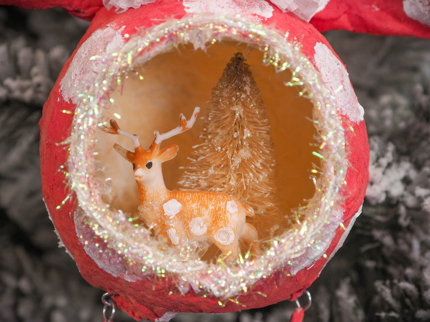 Adorable handmade spun cotton Art Doll Christmas tree ornament by Idania Salcido, the artist by Danita Art. Hand painted by the artist holiday figurine with paper hat with tinsel and vintage style garlands and a tiny Christmas tree. Hang this handmade ornament from your Christmas tree or use as Holiday decoration.