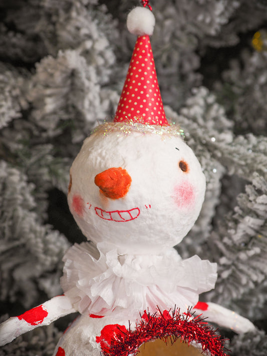 Adorable handmade spun cotton Art Doll Christmas tree ornament by Idania Salcido, the artist by Danita Art. Hand painted by the artist holiday figurine with paper hat with tinsel and vintage style garlands and a tiny Christmas tree. Hang this handmade ornament from your Christmas tree or use as Holiday decoration.