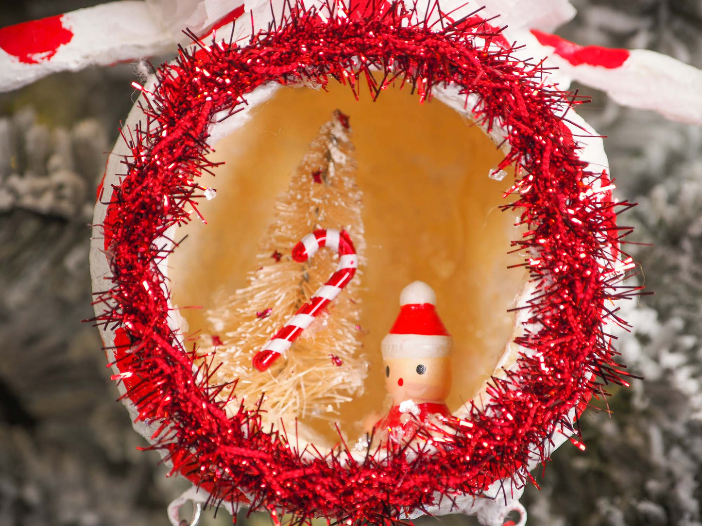 Adorable handmade spun cotton Art Doll Christmas tree ornament by Idania Salcido, the artist by Danita Art. Hand painted by the artist holiday figurine with paper hat with tinsel and vintage style garlands and a tiny Christmas tree. Hang this handmade ornament from your Christmas tree or use as Holiday decoration.