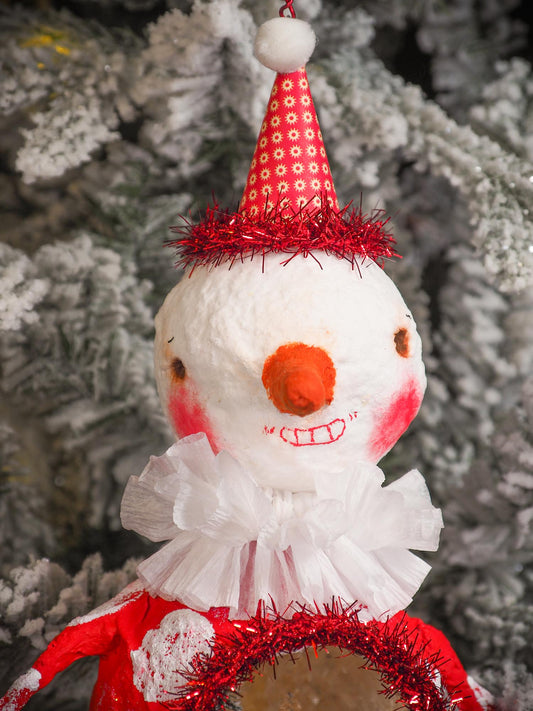 Adorable handmade spun cotton Art Doll Christmas tree ornament by Idania Salcido, the artist by Danita Art. Hand painted by the artist holiday figurine with paper hat with tinsel and vintage style garlands and a tiny Christmas tree. Hang this handmade ornament from your Christmas tree or use as Holiday decoration.