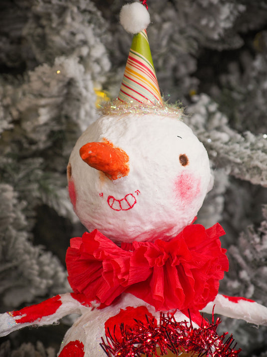 Adorable handmade spun cotton Art Doll Christmas tree ornament by Idania Salcido, the artist by Danita Art. Hand painted by the artist holiday figurine with paper hat with tinsel and vintage style garlands and a tiny Christmas tree. Hang this handmade ornament from your Christmas tree or use as Holiday decoration.