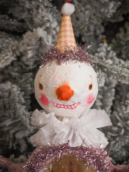 Adorable handmade spun cotton Art Doll Christmas tree ornament by Idania Salcido, the artist by Danita Art. Hand painted by the artist holiday figurine with paper hat with tinsel and vintage style garlands and a tiny Christmas tree. Hang this handmade ornament from your Christmas tree or use as Holiday decoration.