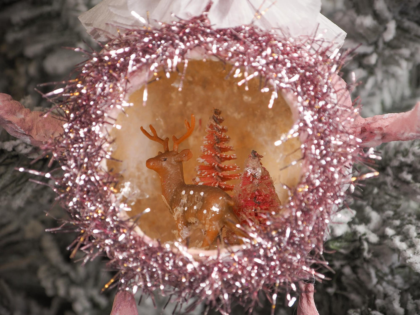 Adorable handmade spun cotton Art Doll Christmas tree ornament by Idania Salcido, the artist by Danita Art. Hand painted by the artist holiday figurine with paper hat with tinsel and vintage style garlands and a tiny Christmas tree. Hang this handmade ornament from your Christmas tree or use as Holiday decoration.