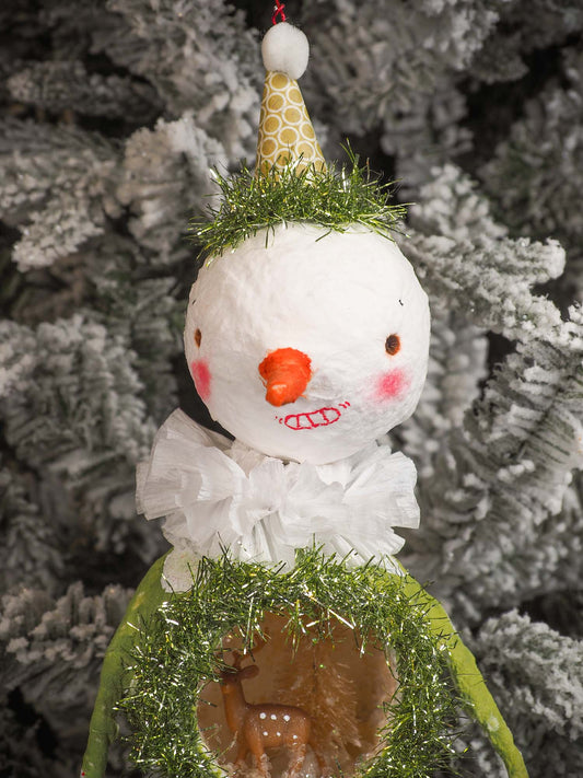 Adorable handmade spun cotton Art Doll Christmas tree ornament by Idania Salcido, the artist by Danita Art. Hand painted by the artist holiday figurine with paper hat with tinsel and vintage style garlands and a tiny Christmas tree. Hang this handmade ornament from your Christmas tree or use as Holiday decoration.