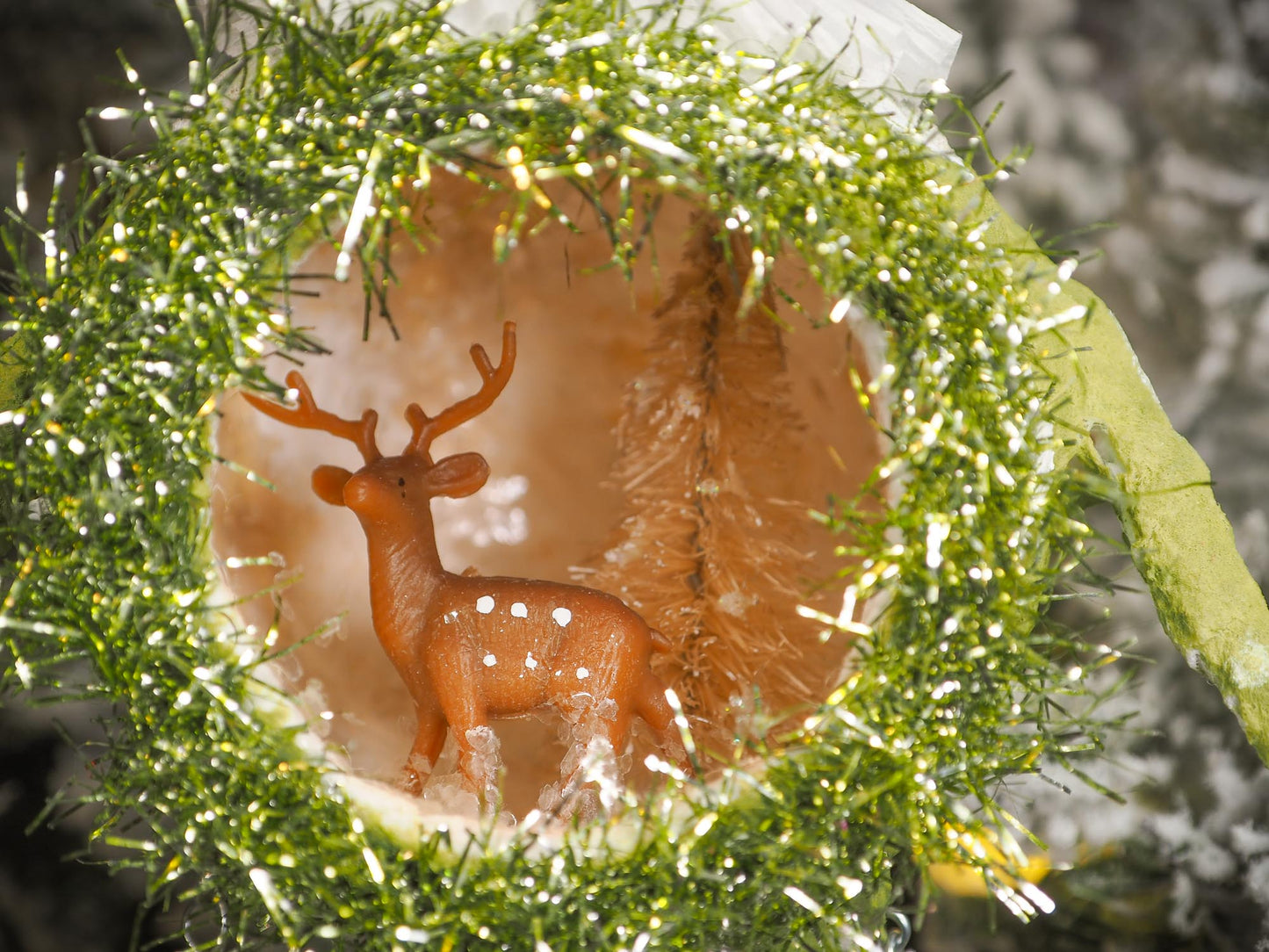Adorable handmade spun cotton Art Doll Christmas tree ornament by Idania Salcido, the artist by Danita Art. Hand painted by the artist holiday figurine with paper hat with tinsel and vintage style garlands and a tiny Christmas tree. Hang this handmade ornament from your Christmas tree or use as Holiday decoration.