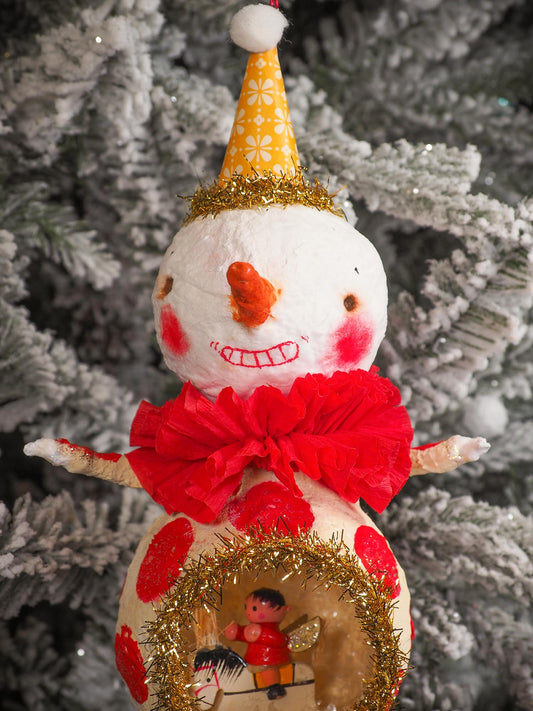 Adorable handmade spun cotton Art Doll Christmas tree ornament by Idania Salcido, the artist by Danita Art. Hand painted by the artist holiday figurine with paper hat with tinsel and vintage style garlands and a tiny Christmas tree. Hang this handmade ornament from your Christmas tree or use as Holiday decoration.