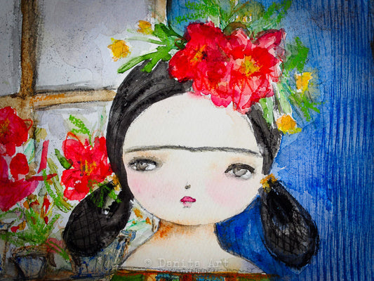 Frida sitting in the blue house, Original Art by Danita Art