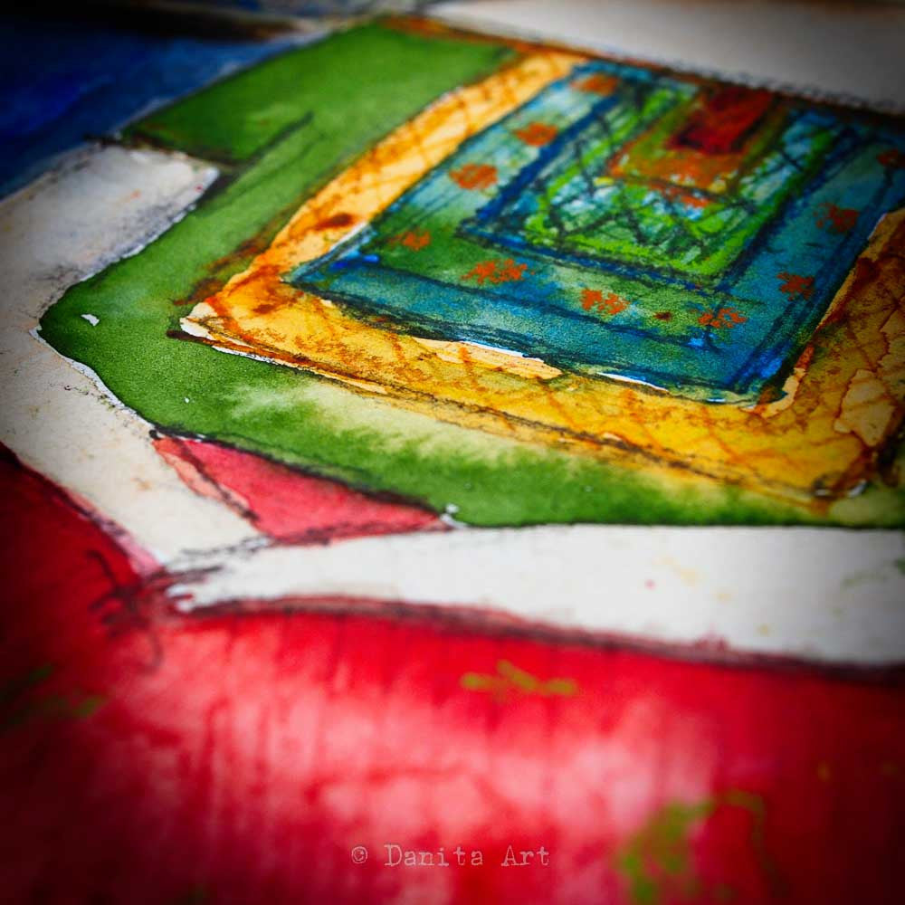 Frida sitting in the blue house, Original Art by Danita Art