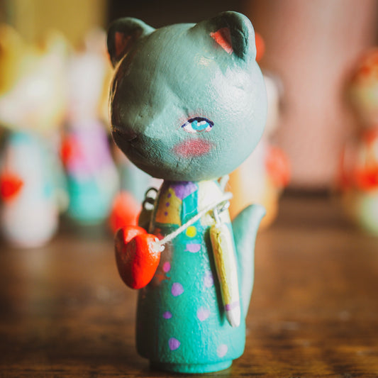 NEKO - An original handmade wooden kokeshi art doll by Danita, Miniature Dolls by Danita Art
