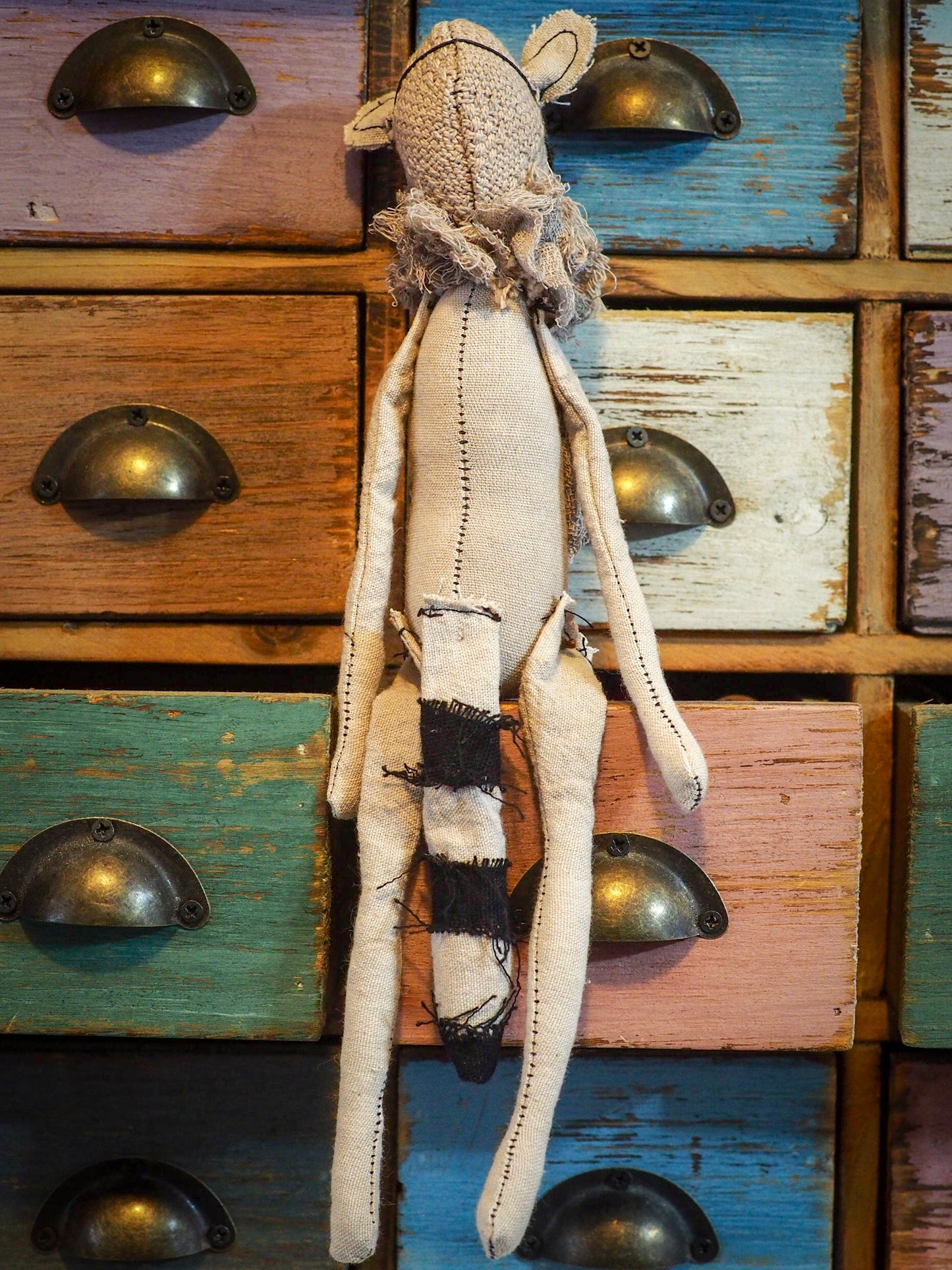 THE RACOON - An original handmade doll by Danita Art, made with original patterns, organic fabric dyed using only natural ingredients like avocado peels, walnuts and marigolds. Each mini art doll in this toy collection is a mini work of huggable fabric art to be treasured by any collector of Danita's melancholic and fantastic work.
