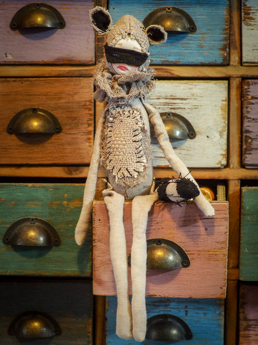 THE RACOON - An original handmade doll by Danita Art, made with original patterns, organic fabric dyed using only natural ingredients like avocado peels, walnuts and marigolds. Each mini art doll in this toy collection is a mini work of huggable fabric art to be treasured by any collector of Danita's melancholic and fantastic work.
