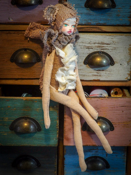 THE SQUIRREL - An original handmade doll by Danita Art, made with original patterns, organic fabric dyed using only natural ingredients like avocado peels, walnuts and marigolds. Each mini art doll in this toy collection is a mini work of huggable fabric art to be treasured by any collector of Danita's melancholic and fantastic work.