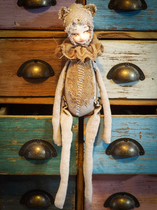 THE BEAR - An original handmade doll by Danita Art, made with original patterns, organic fabric dyed using only natural ingredients like avocado peels, walnuts and marigolds. Each mini art doll in this toy collection is a mini work of huggable fabric art to be treasured by any collector of Danita's melancholic and fantastic work.