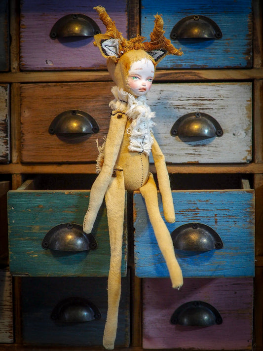 THE DEER - An original handmade doll by Danita Art, made with original patterns, organic fabric dyed using only natural ingredients like avocado peels, walnuts and marigolds. Each mini art doll in this toy collection is a mini work of huggable fabric art to be treasured by any collector of Danita's melancholic and fantastic work.