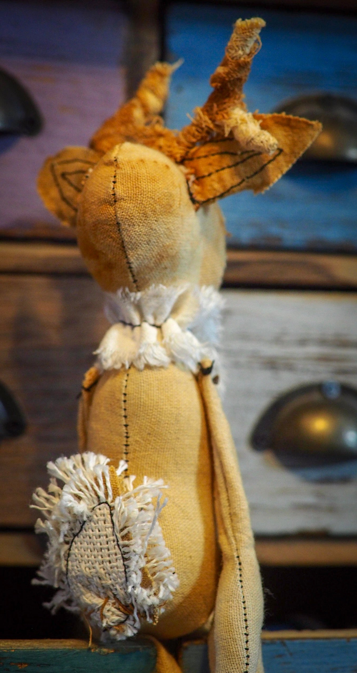 THE DEER - An original handmade doll by Danita Art, made with original patterns, organic fabric dyed using only natural ingredients like avocado peels, walnuts and marigolds. Each mini art doll in this toy collection is a mini work of huggable fabric art to be treasured by any collector of Danita's melancholic and fantastic work.