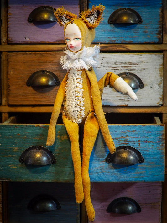 THE FOX - An original handmade doll by Danita Art, made with original patterns, organic fabric dyed using only natural ingredients like avocado peels, walnuts and marigolds. Each mini art doll in this toy collection is a mini work of huggable fabric art to be treasured by any collector of Danita's melancholic and fantastic work.