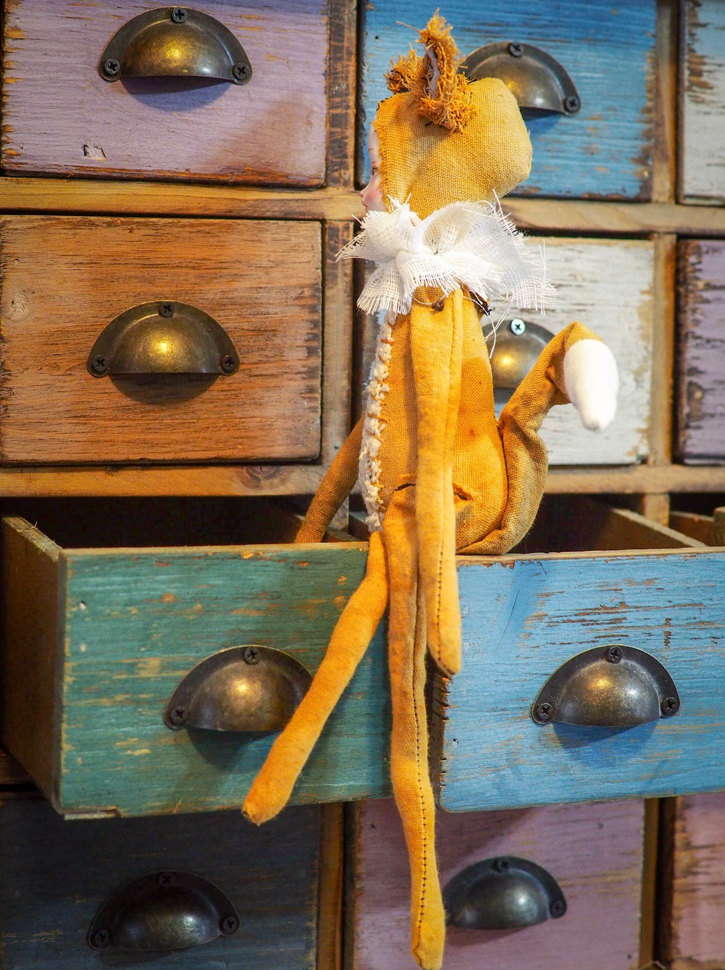 THE FOX - An original handmade doll by Danita Art, made with original patterns, organic fabric dyed using only natural ingredients like avocado peels, walnuts and marigolds. Each mini art doll in this toy collection is a mini work of huggable fabric art to be treasured by any collector of Danita's melancholic and fantastic work.