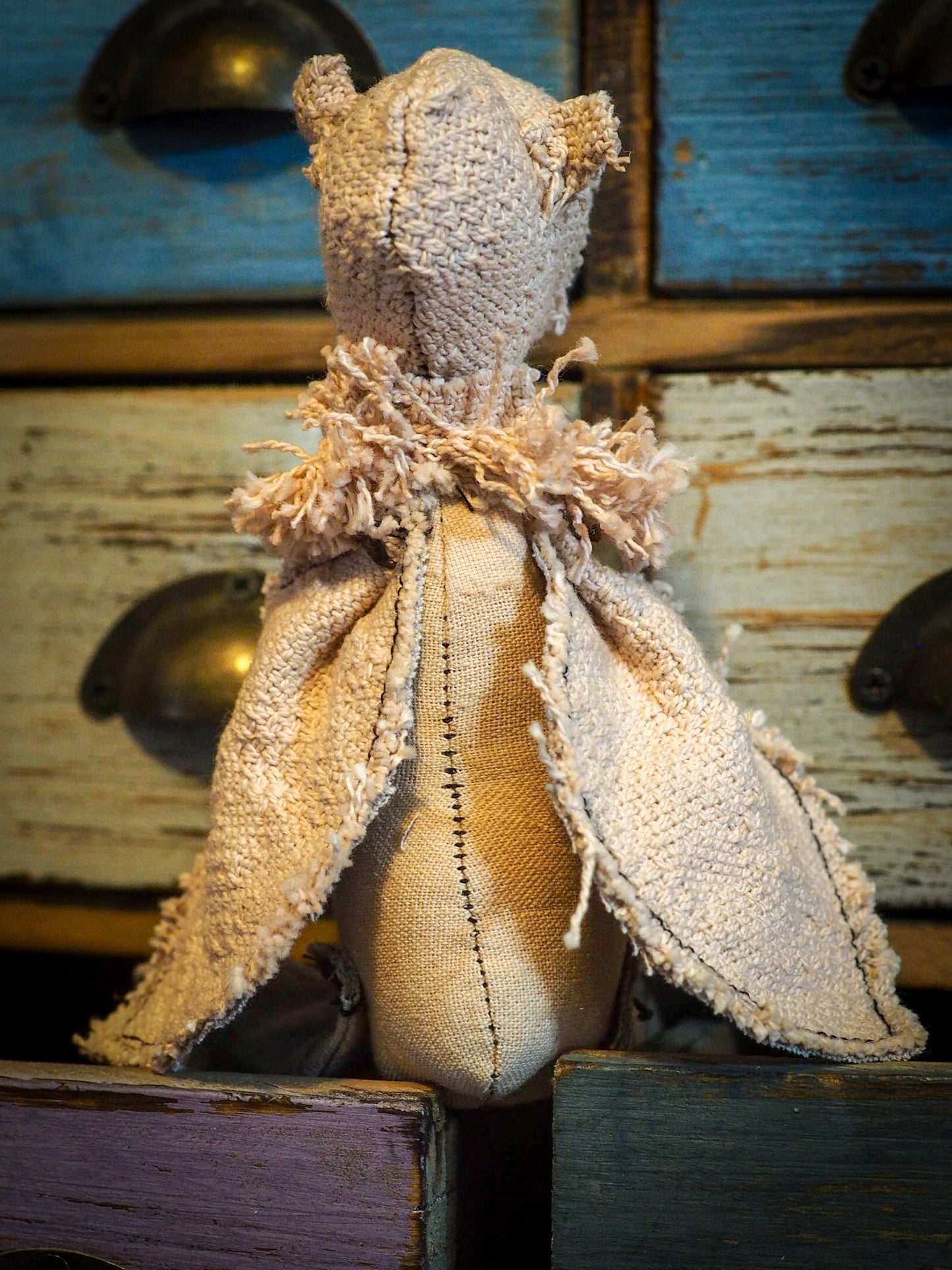 THE OWL - An original handmade doll by Danita Art, made with original patterns, organic fabric dyed using only natural ingredients like avocado peels, walnuts and marigolds. Each mini art doll in this toy collection is a mini work of huggable fabric art to be treasured by any collector of Danita's melancholic and fantastic work.