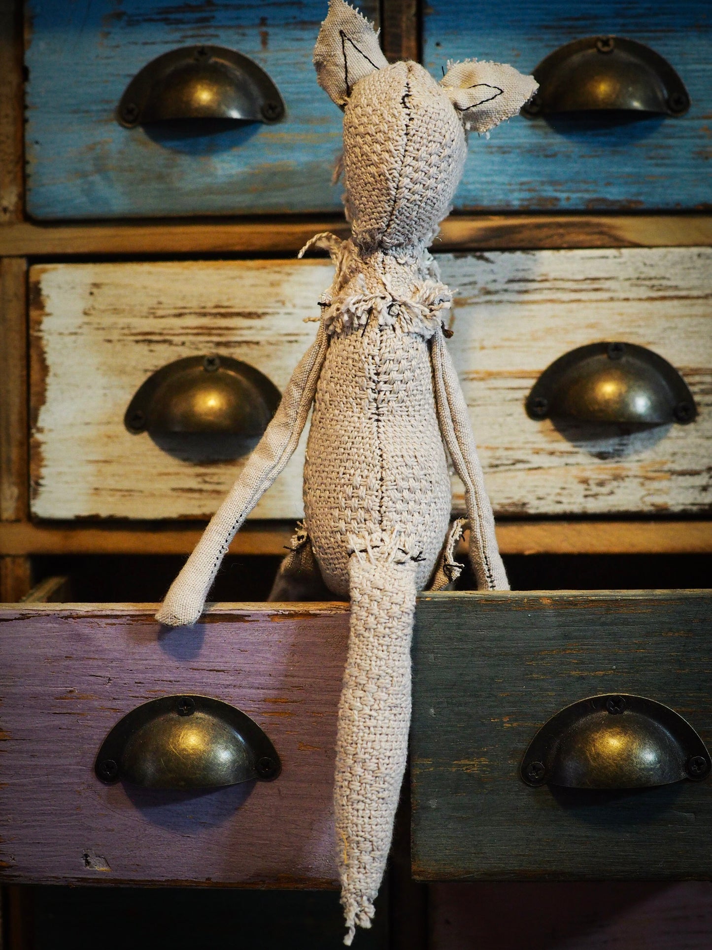 THE WOLF - An original handmade doll by Danita Art, made with original patterns, organic fabric dyed using only natural ingredients like avocado peels, walnuts and marigolds. Each mini art doll in this toy collection is a mini work of huggable fabric art to be treasured by any collector of Danita's melancholic and fantastic work.