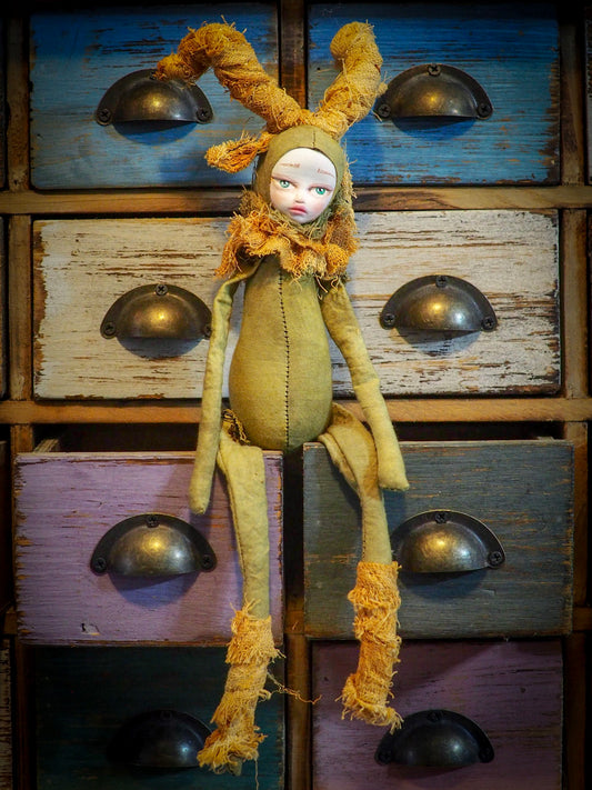 THE FAUN - An original handmade doll by Danita Art, made with original patterns, organic fabric dyed using only natural ingredients like avocado peels, walnuts and marigolds. Each mini art doll in this toy collection is a mini work of huggable fabric art to be treasured by any collector of Danita's melancholic and fantastic work.