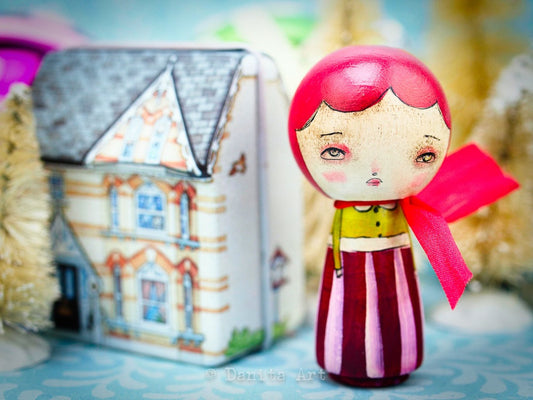 Pink Winter Kokeshi with Tin House, Miniature Dolls by Danita Art