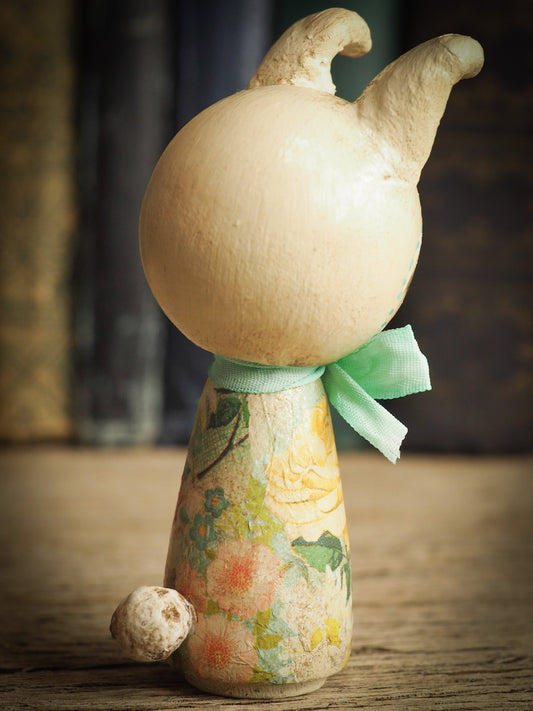 Adorable Easter Bunny Rabbit handmade kokesi wooden mini art doll by Danita Art craft project made with modeling clay silk ribbon and decoupage applications