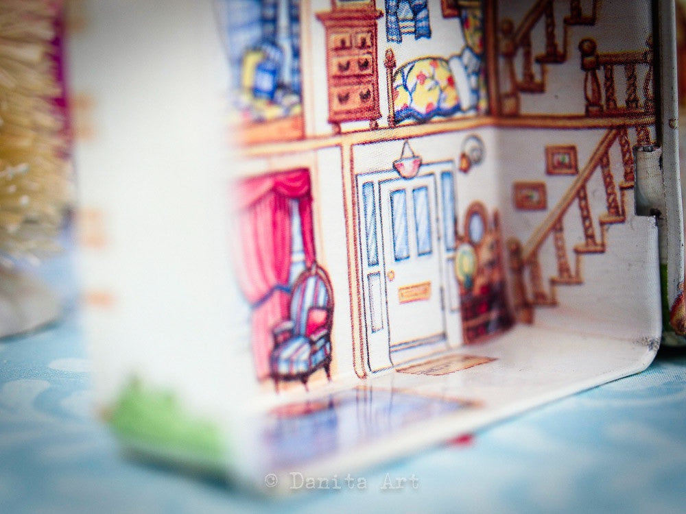 Pink Winter Kokeshi with Tin House, Miniature Dolls by Danita Art