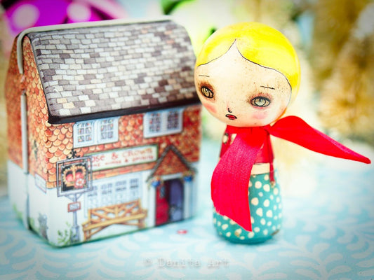 Turquoise Winter Kokeshi with Tin House, Miniature Dolls by Danita Art