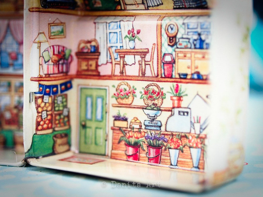 Green Winter Kokeshi with Tin House, Miniature Dolls by Danita Art