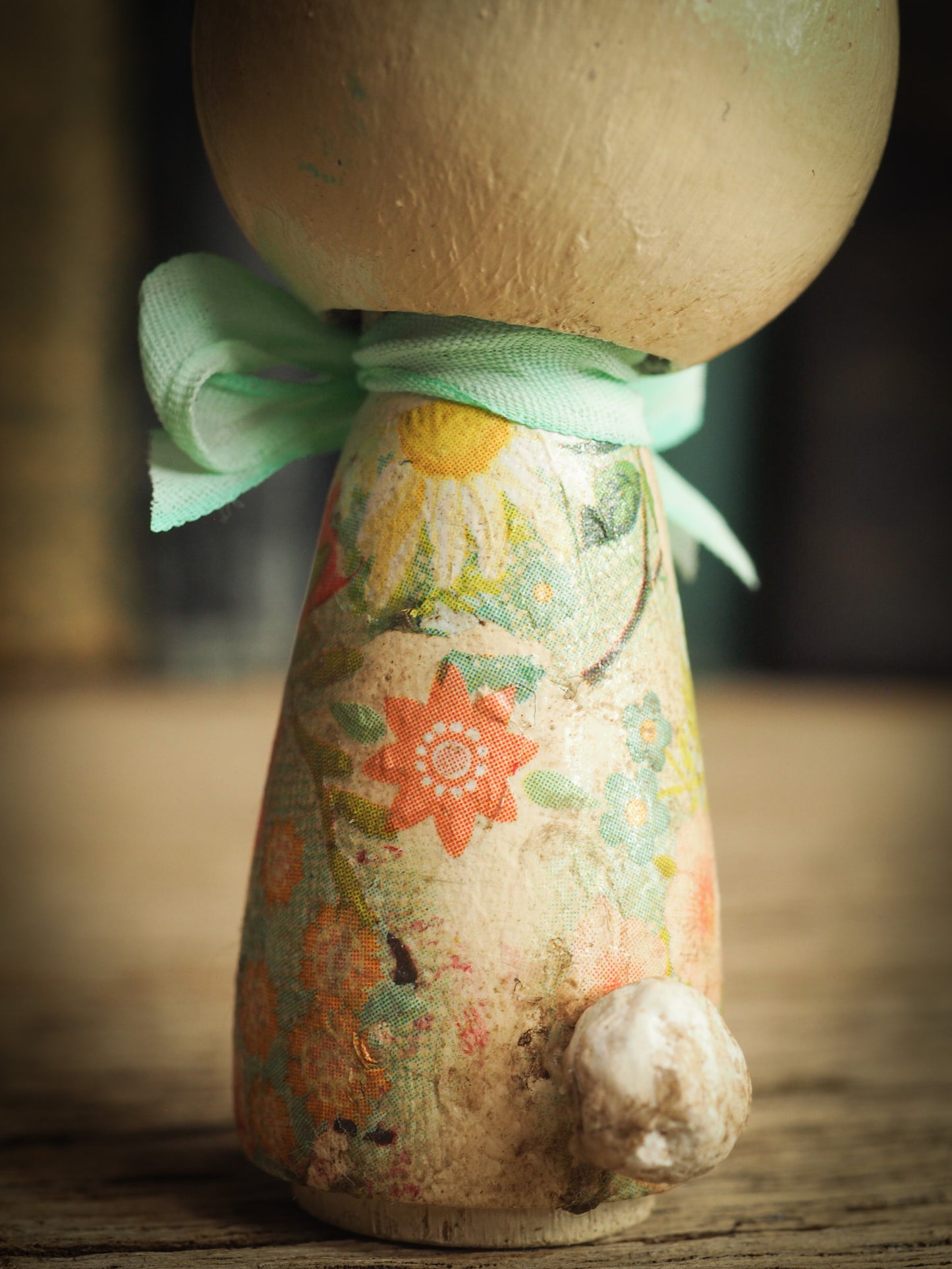 Adorable Easter Bunny Rabbit handmade kokesi wooden mini art doll by Danita Art craft project made with modeling clay silk ribbon and decoupage applications