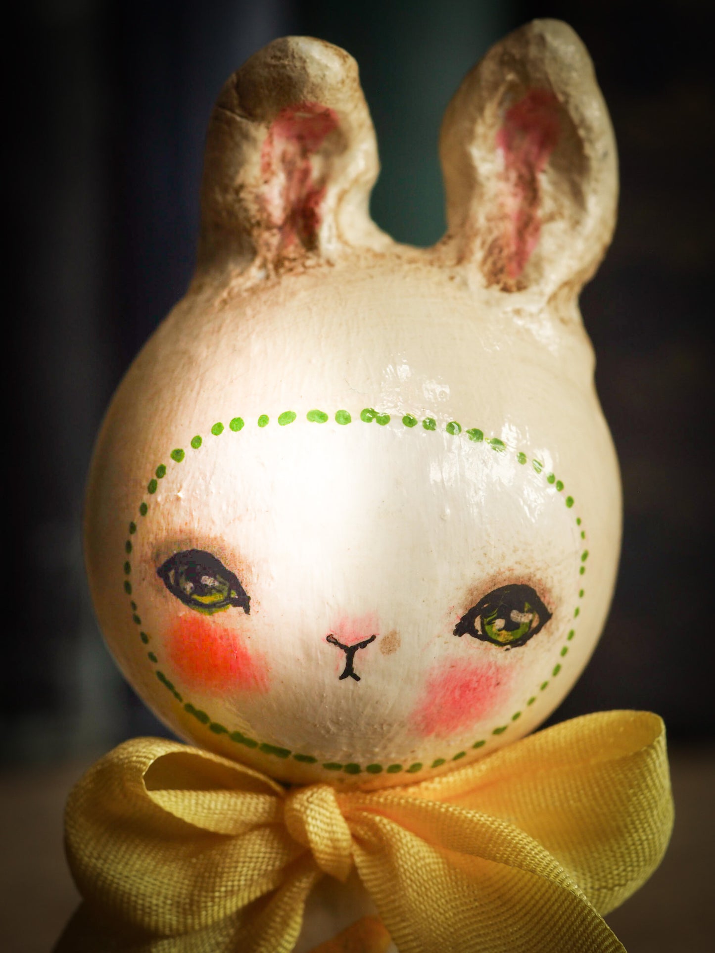 Adorable Easter Bunny Rabbit handmade kokesi wooden mini art doll by Danita Art craft project made with modeling clay silk ribbon and decoupage applications